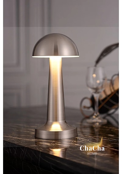 Chacha Home Mila Metal Led Masa Lambası 22x10 Cm - Mantar Başlıklı Lüks Dekoratif Abajur Ve Gece Lambası Gümüş