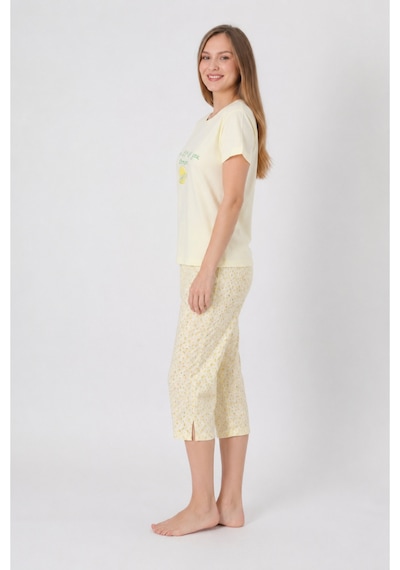 Pijamask Kadın Açık Sarı Limon Baskılı Kapri Pijama Takımı Kısa Kollu Bisiklet Yaka Yazlık Ev Giyim P10-33 Sarı