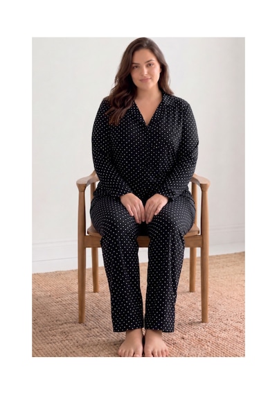 Fit Women Kadın Puantiyeli Düğmeli Siyah Pijama Takımı 852