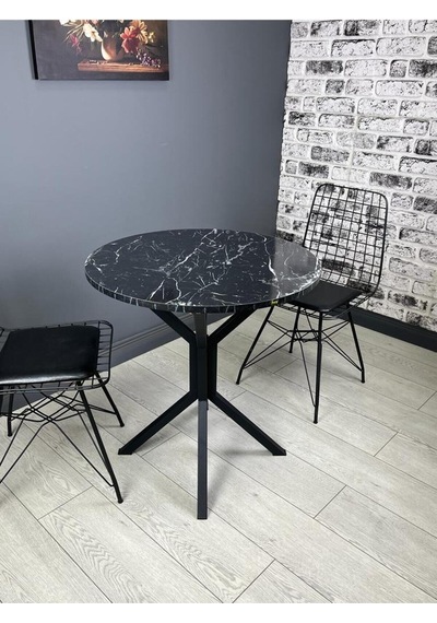Nisa Siyahmermer Yuvarlak Mutfak Masası Yemek Masa Balkon Masa Metal Siyah Ayak 70 Cm