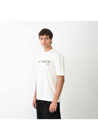 Erkek Baskılı T-shirt Kısa Kol Bisiklet Yaka Regular Fit Rahat Kalıp Günlük Tişört- Beyaz Beyaz