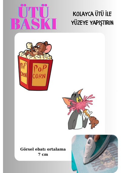 Ütü İle Yapışan Tekstil Transfer Dtf Baskı 2 Adet Tom Ve Jerry Popcorn - 674581023
