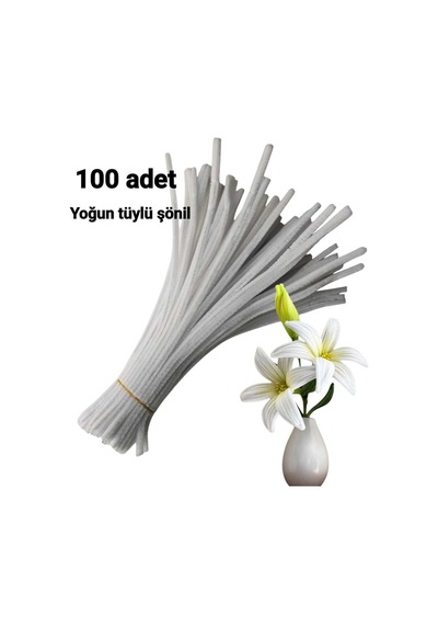 100 Adet Beyaz Şönil, Çiçek Yapımına Uygun Tüylü Tel, 30 Cm 6 Mm