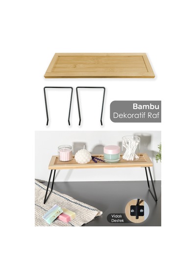 Dekoratif Bambu Raf - Mutfak Banyo Düzenleyici Aksesuar Organizeri Makyaj Parfüm Standı 36x12 Cm Bej