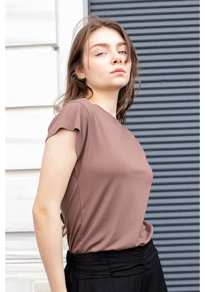 Kadın İpeksi Kumaş Geniş Sıfır Yaka Kısa Kol Tshirt Bluz-kahve Kahve