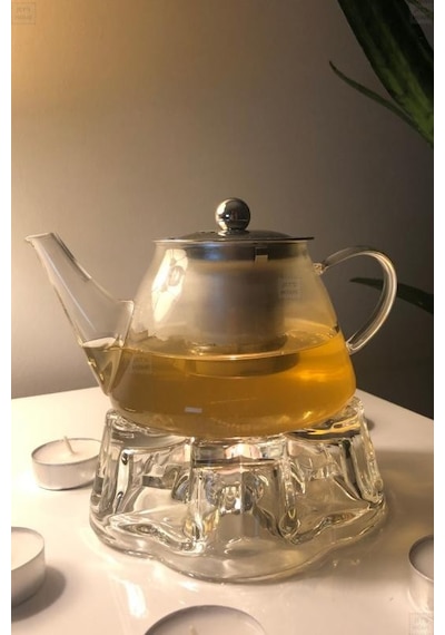 2 Li Set Cam Demlik Ve Cam Isıtıcı Süzgeçli Demlik 500 Ml Bitki Çayı Demliği Borasilikat V Şeffaf