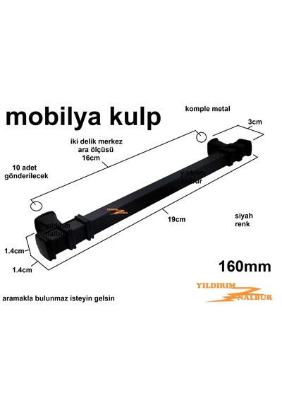 10 Adet Mobilya Kulp 160 Mm Siyah Tenk 19cm Metal Dolap Kulp Siyah - Siyah