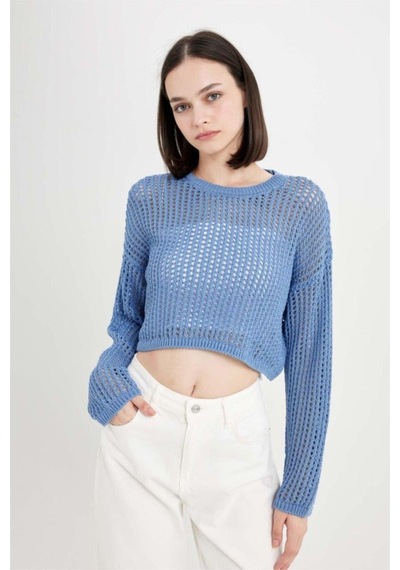 Defacto Regular Fit Bisiklet Yaka Kroşe Ajurlu Delikli Crop Triko Kazak T4513AZ24AUBE113 Mavi