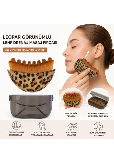 3b Trend Leopar Görünümlü Lenf Drenaj Masaj Fırçası Yüz Ve Vücut Masaj Aleti Koruyucu Kutulu