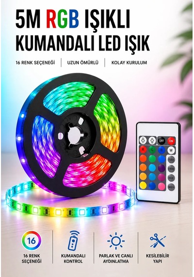 5m Rgb Işıklı Her Ortama Uygun Led Işık Çok Renkli Rgb