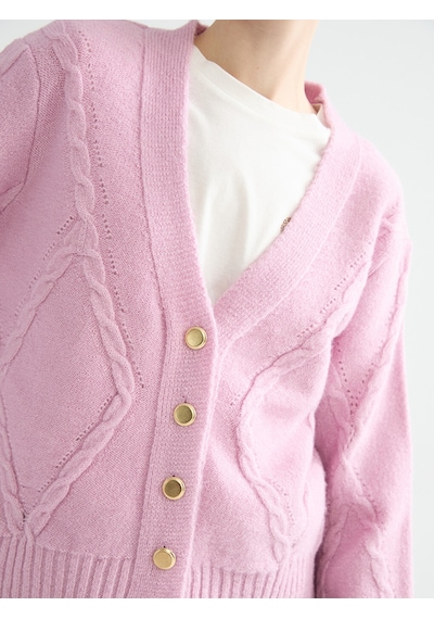 Lcw Comfort Pembe V Yaka Kendinden Desenli Kadın Triko Hırka