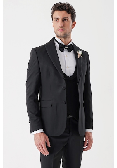 İmza Siyah Desenli Armürlü Çıkarılabilir Şal Yaka Kruvaze 6 Drop Slim Fit Smokin Damatlık Takım 1001230214-Siyah