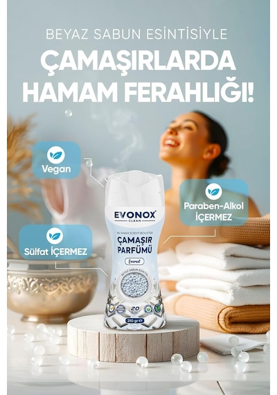 Evonox Clean Granül Çamaşır Parfümü &amp Çamaşır Yumuşatıcı Everest Beyaz Sabun Esintisi 210 Gr 10'lu Set