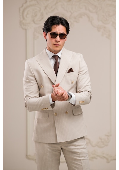 Luigi Diberti Slimfit İtalyan Yaka Astarlı 6 Drop Çift Yırtmaç Çizgili Kruvaze Takım Elbise Krem Luigi Diberti Slimfit İtalyan Yaka Astarlı 6 Drop Çift Yırtmaç Çizgili Kruvaze Takım Elbise Krem
