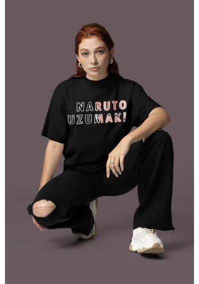 Naruto Uzumaki Sırt Baskılı Unisex Oversize Anime Karakter Tişört Siyah