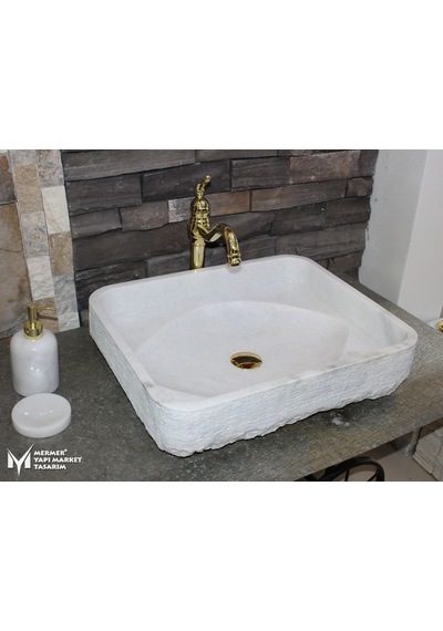 Beyaz Mermer Dışı Taramalı Kedi Gözü Model Lavabo
