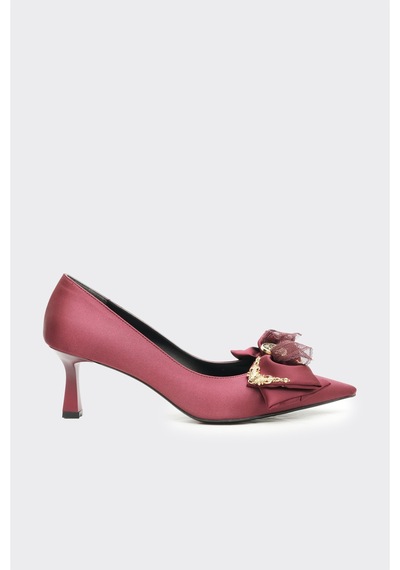 Derinet Toka Aksesuarlı Kadın Stiletto Bordo Saten Bordo Saten