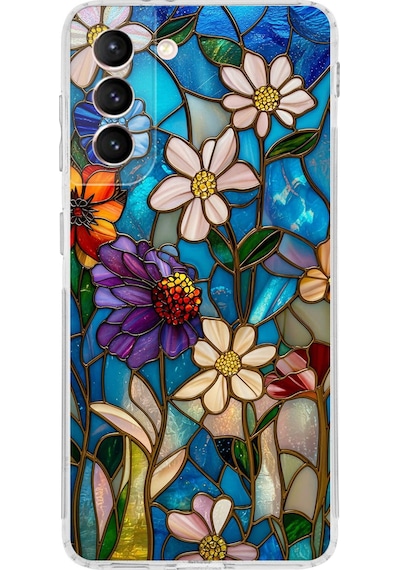Printify Samsung Galaxy S21 Fe İle Uyumlu Vitray Mavi Bahar Tasarımlı Şeffaf Silikon Kılıf Şeffaf