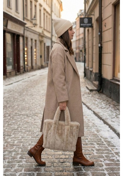 Vivazzaluxe Vintage Peluş Kürk Model Sonbahar, Kış Tote Bag Kadın El, Kol, Omuz Çanta Krem