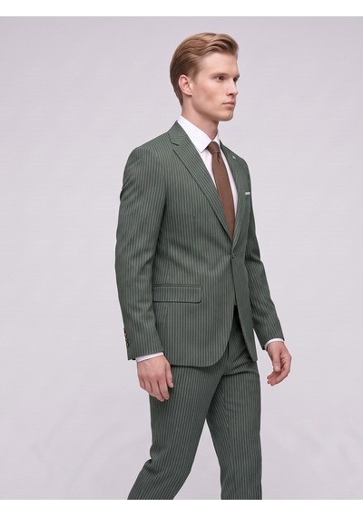 Tk6890 Erkek Çizgili Takım Elbise Slim Fit Modern Kesim Şık Klasik Ceket Pantolon Takım Haki