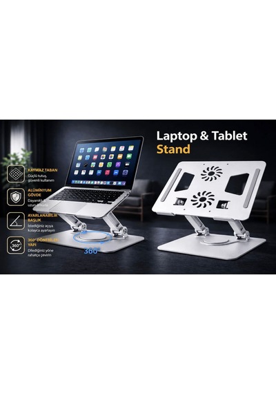 Ayarlanabilir Alüminyum Laptop Tablet Standı 360 Dönebilen Kaymaz Yüzey Ergonomik Yükseltici Stand