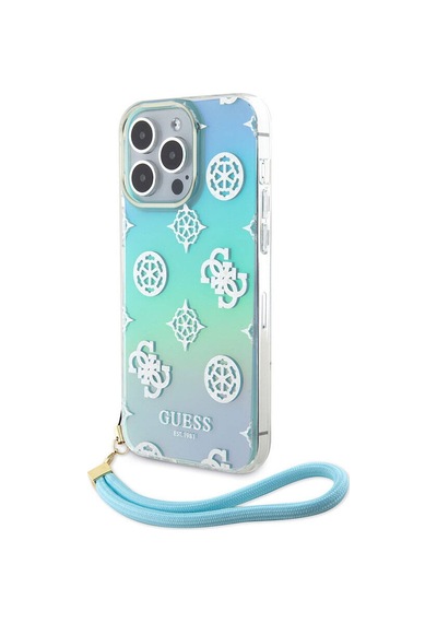 Apple Uyumlu iPhone 15 Pro Max Kılıf Guess Lisanslı Desenli Yazı Logolu Askı İpli Holografik Glitter Peony Siyah