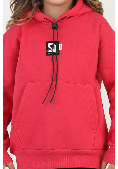 Kapüşonlu Art Baskılı Kanguru Cepli Kız Çocuk Sweatshirt-90847 Fuşya