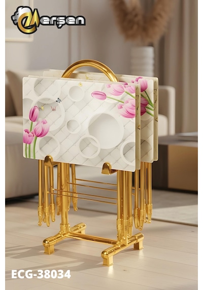 Eranş Serisi 4'lü Katlanır Cam Daire Ve Çiçek Desen Çanta Zigon Sehpa Gold Ayak Daire Ve Çiçek Desen Gold