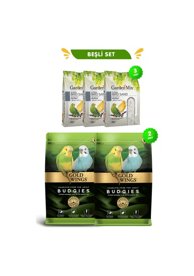 Beşli Set: 2 Adet Premium Muhabbet Yemi 1 Kg + 3 Adet Kuş Kumu Gardenmix 200gr