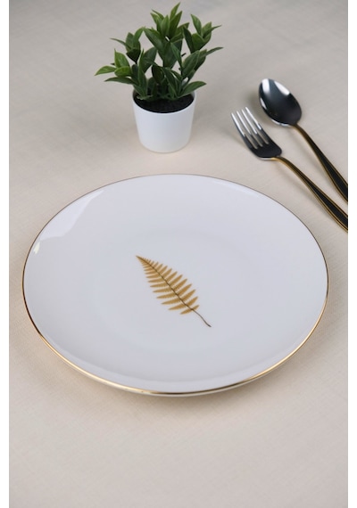 Tabak Evi Porselen Natura Fern Altın Yaldız Pasta Tabağı 20,50cm Tekli Çok Renkli