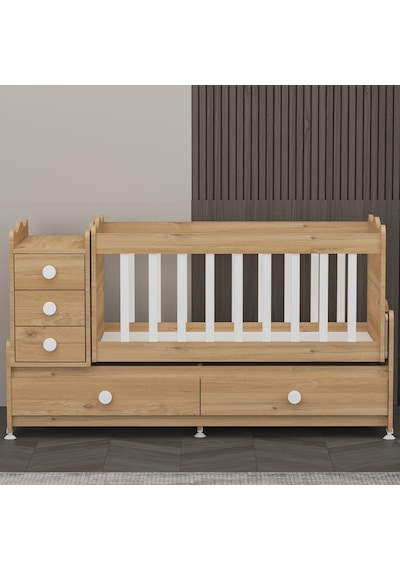 Garaj Home Melina Mdf Çıtalı Beşik + Yatak + Uyku Seti - Meşe Beyaz