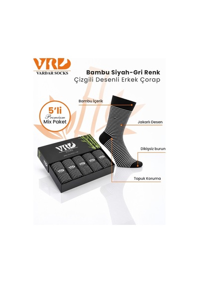 Dikişsiz Bambu Çorap Siyah-gri Desenli Renk Erkek Çorap Kutulu 5 Çift Premium Uzun Çorap Soket Çorap Bambu Mix Gri - Siyah