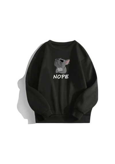 Startmore Siyah Oversize Kapşonsuz 0 Yaka Bulldog Baskılı Pamuklu Sweatshirt Siyah