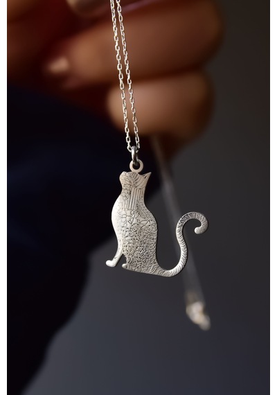 Papatya Silver 925 Ayar Gümüş Antik ve Etnik Desenli, Vintage Kedi Kolye
