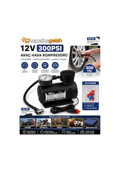 Sepetinegelsin Taşınabilir Oto Hava Kompresörü Çakmaklık İle Çalışır 12v 300 Psi