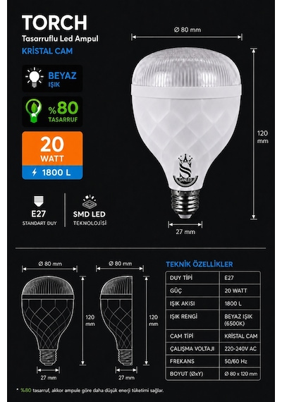 20w Kristal Tasarruflu E27 Beyaz Işık Torch Led Ampul 2 Adet 2 Adet