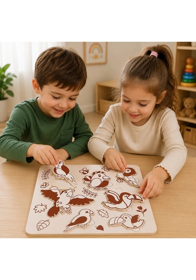 Sevimli Kuşlar Eğitici Ahşap Puzzle 20x20 Cm Beyaz Mdf Çocuk Gelişim Oyuncakları