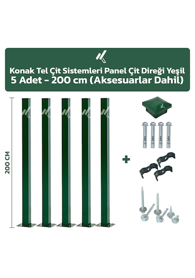 5 Adet Panel Çit Direği 200 CM Yeşil + Aksesuarlar