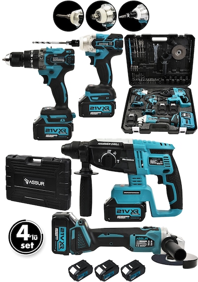 Assur ASR1011 21V Hilti Somun Sökme Taşlama Vidalama 4lü Set Mavi
