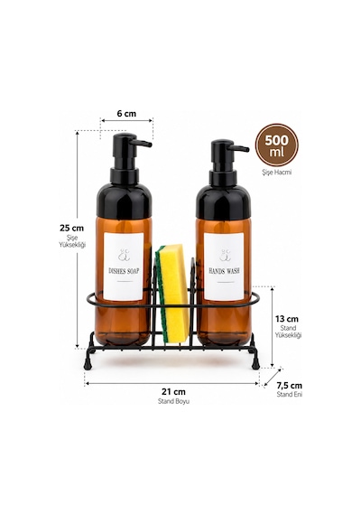 Porsima S-1271 Metal Standlı 2'li Sıvı Sabunluk 500 Ml - Mutfak Bulaşık Deterjanlık Seti Siyah