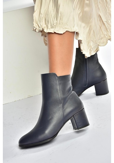 Fox Shoes V468581003 Lacivert Hakiki Deri Kalın Topuklu Kadın Bot Lacivert-hakiki Deri