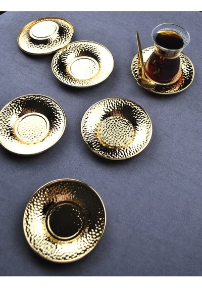Qualitev 6 Adet Metal Çay Tabağı Dövme Desenli Çay Tabak 10 Cm Altın