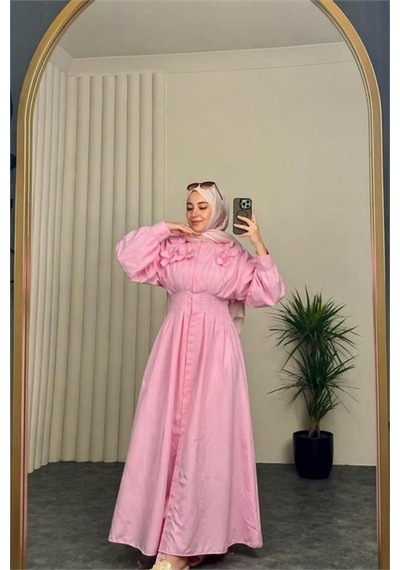 Neşeli Butik Kadın Pembe Belden Oturtmalı Çiçek Detaylı Premium Tesettür Elbise Nbvq4933
