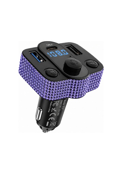 Araç İçi Mor-lila Kristal Taşlı Fm Transmitter Bluetooth Usb Type-c Oto Çakmaklık