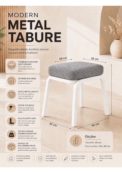 Metal Tabure - 4 Adet Beyaz Koyu Gri