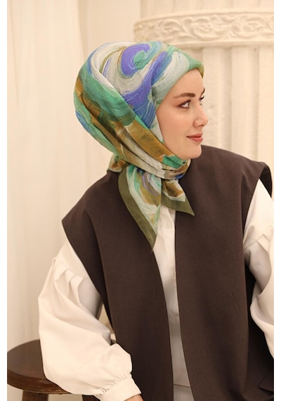Silk Home Akrilik Desen Olinda İpek Eşarp Zeytin Yeşili