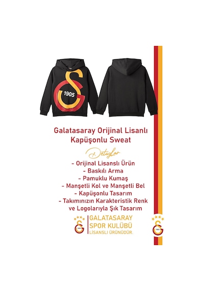 Galatasaray Lisanslı Büyük Logo Çocuk Sweat + Bileklik Set Hediyelik Ahşap Kutulu 095 Siyah