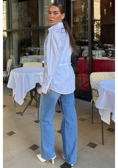 Seeh Beyaz Kemer Detaylı Oversize Kadın Gömlek Sh366 Basic