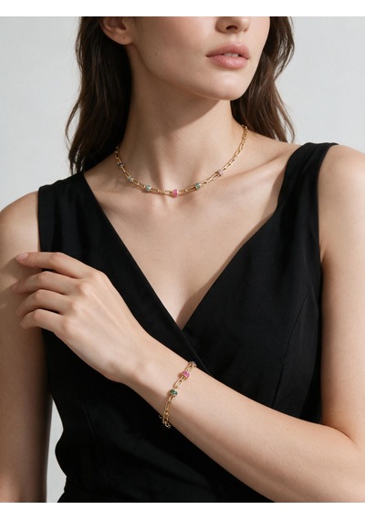 Valmont Accessories Renkli Taşlı Gold Kolye Ve Bileklik Seti - Düğün, Kına, Nişan Gelin Takı Seti