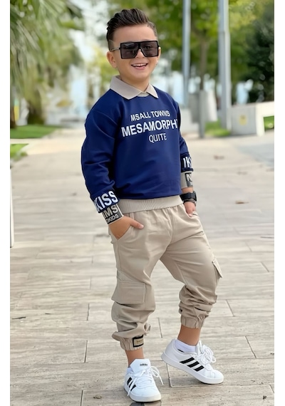 Modavals Gömlek Yaka Sweatshırt Ve Gabardin Kargo Pantolon Erkek Çocuk Kombin Lacivert